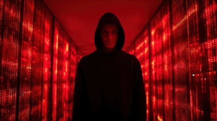 A person in a dark hoodie stands in a corridor illuminated by intense red lights, creating a mysterious and dramatic atmosphere