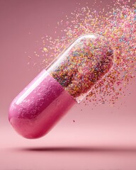 Exploding Pink Capsule Releasing Colorful Sprinkles Against Soft Pink Background.