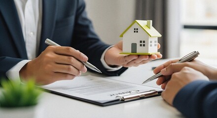 Contract Signing with Wooden Toy Home Close-Up Real Estate Agent Customer