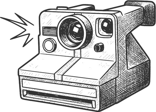 Vintage Polaroid Camera Hand-Drawn Sketch. Retro Photography Nostalgia Illustration For Art And Design
