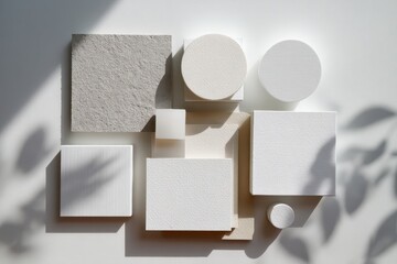 Minimalist Geometric Arrangement of Textured and Smooth Shapes with Soft Leaf Shadows.