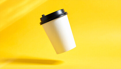Take away paper modern coffee cup floating on yellow isolated background