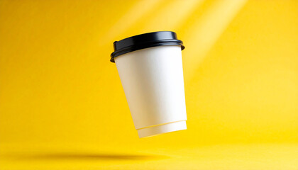 Take away paper modern coffee cup floating on yellow isolated background