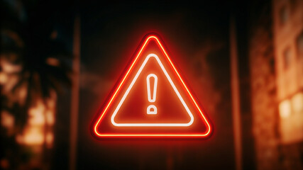 Vibrant Neon Warning Sign with Exclamation Mark on Blurred Dark Background