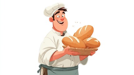 Smiling baker holding a basket of fresh, golden-brown loaves, with a white background