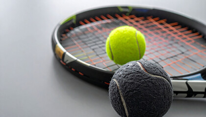 Close up of a padel ball and rackets, grey background