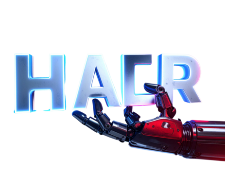  Robotic Fingers Holding Futuristic AI Text with Glowing Laser Edge Lighting