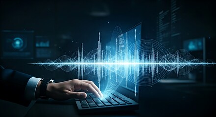  AI voice synthesis (text-to-speech) concept. A hand types text, and a holographic soundwave forms as a clear, human-like voice reads the text aloud.