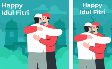 Festive Idul Fitri Celebration Illustration with Two Embracing Figures Against a Teal Mosque Silhouette Background