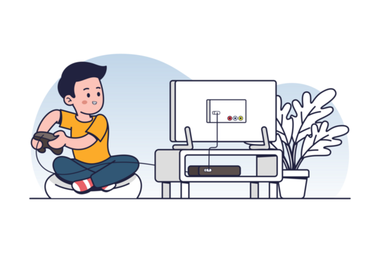 Enthusiastic Boy in Yellow Shirt Playing Video Games With Controller Sitting Cross Legged on White Cushion Illustration on Transparent Background