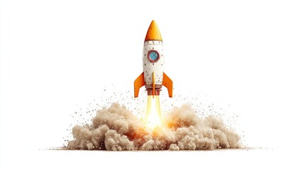 A cartoon rocket blasts off, with flames and smoke erupting from its base. White background