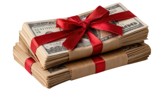 Stack of cash bundle tied with red ribbon symbolizing savings financial gift wealth and prosperity isolated on transparency background evoking excitement and generosity - Powered by Adobe