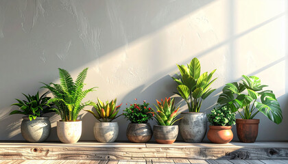 Potted plants on wooden surface against gray wall, space for text; house decoration