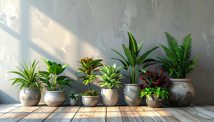 Potted plants on wooden surface against gray wall, space for text; house decoration