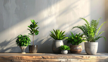 Potted plants on wooden surface against gray wall, space for text; house decoration