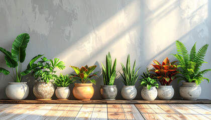 Potted plants on wooden surface against gray wall, space for text; house decoration