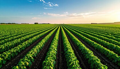 Lush Green Crop Rows Under a Sunny Sky Rural Landscape at Sunset with Blue Sky and Golden Light Agricultural Field Scenic Vista