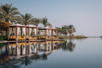 Obraz premium Serene resort scene with cabanas near a still pool, palms, and a distant sea
