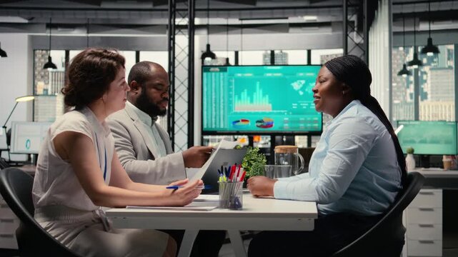 Job seeker and HR staff discussing about business job offer expectations, professional conversation for resume feedback and candidate evaluation for an open employment position. Hiring process. Camera