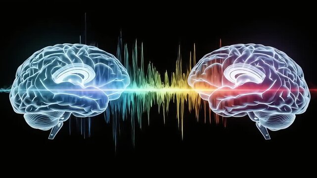 Two stylized human brains facing each other with colorful wave patterns connecting them, symbolizing communication or connection.