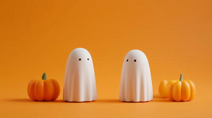 Adorable 3D ghosts with pumpkins on a bright orange background, perfect for minimal Halloween designs, banners, or festive decor.