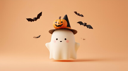 Playful 3D ghost wearing a witch hat surrounded by pumpkins and bats, capturing lighthearted Halloween festivity.