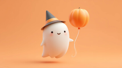Friendly ghost character holding a pumpkin balloon, expressing a cheerful and playful side of Halloween celebrations.