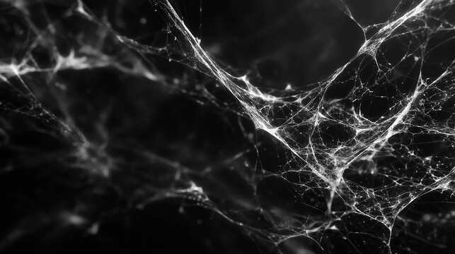 Close-up macro shot of tangled spider web structure, ideal for Halloween backgrounds or horror-themed digital designs.