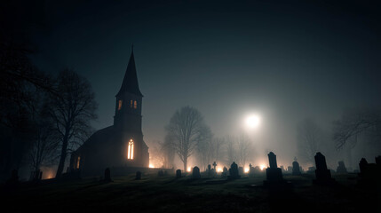 Mysterious foggy graveyard scene with an old church glowing in the distance, perfect for horror, mystery, and Halloween night backgrounds.