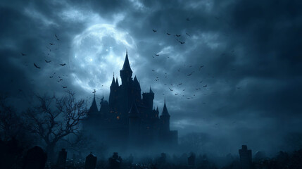 Dark haunted castle under a stormy sky filled with bats, representing gothic horror, mystery, and Halloween night mood.