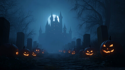 Haunted castle surrounded by glowing pumpkins and full moonlight, creating a dark and cinematic Halloween night atmosphere.