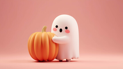 Minimal and friendly ghost character with pumpkin on pastel background, symbolizing fun and family-friendly Halloween spirit.