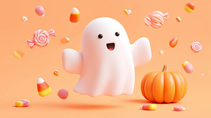Adorable 3D ghost holding a pumpkin surrounded by candies on a warm orange background, perfect for Halloween greetings, posters, and festive decor.