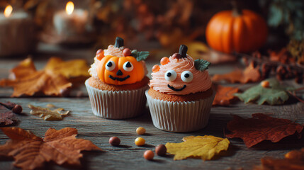 Fun Halloween cupcakes topped with smiling pumpkins, surrounded by festive lights and autumn decor, capturing seasonal joy and celebration.