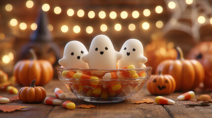 Glass bowl filled with candies surrounded by cute ghost figures and pumpkins, symbolizing Halloween sweetness, fun, and festive charm.