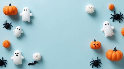 Minimal Halloween composition with small pumpkins and white ghosts on pastel blue background, ideal for creative greeting cards and posters.