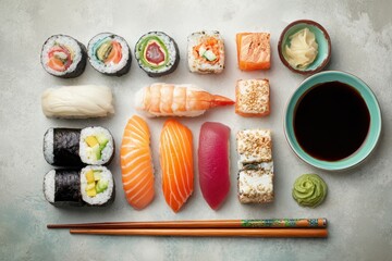 A Culinary Grid of Fresh Japanese Sushi - Nigiri, Maki, and Uramaki Flat Lay.