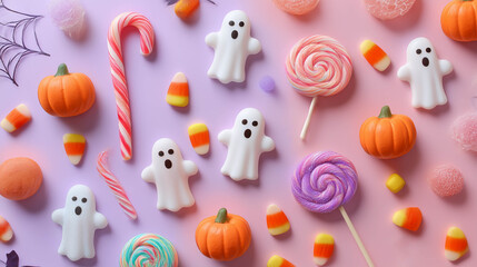 Adorable Halloween flatlay with ghost candies, lollipops, and festive sweets on a pink pastel background, ideal for invitations or digital backdrops.