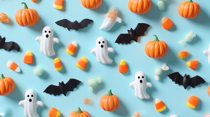 Playful Halloween pattern with ghosts, bats, pumpkins, and candies on pastel blue background, ideal for wrapping paper or festive designs.