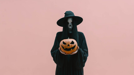 Woman dressed in a black ghost costume holding a pumpkin against pastel background, representing spooky Halloween minimalism and festive charm.