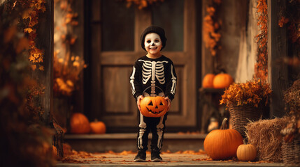 Cute child dressed as a skeleton holding a pumpkin and smiling, symbolizing fun, joy, and playful spirit of Halloween night.