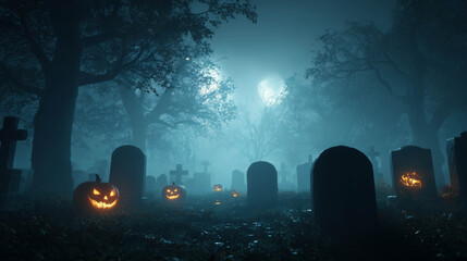 Spooky fog-covered graveyard under bright moonlight, symbolizing Halloween fear, mystery, and ghostly horror in a cinematic night scene.