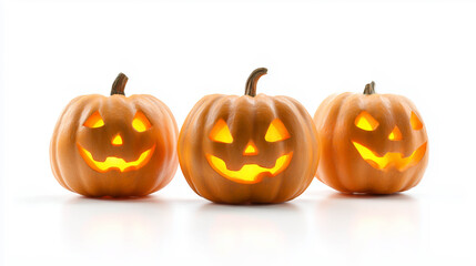 Brightly glowing jack-o’-lantern pumpkins on white background, ideal for Halloween posters, festive designs, and spooky seasonal decorations.