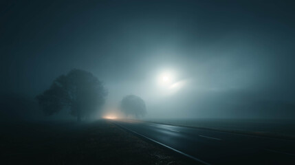 A lonely fog-covered road illuminated by eerie moonlight, perfect for Halloween, horror, thriller, or dark mystery background designs.