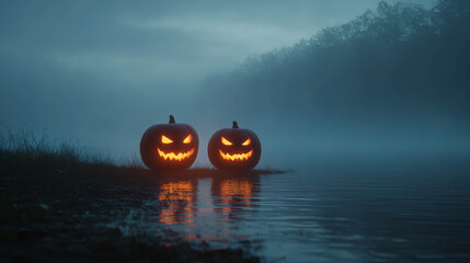 Two carved pumpkins glowing eerily in the mist near a lake, symbolizing mystery, spookiness, and the haunting Halloween spirit in a cinematic nightscape.