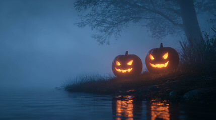 Two glowing jack-o’-lanterns placed in a foggy field at night, creating a spooky and mysterious Halloween atmosphere perfect for horror and dark-themed designs.