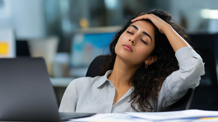 Indian woman sitting at her desk with eyes closed and hand on forehead, showing signs of workplace fatigue, stress, and exhaustion from corporate workload and deadlines.