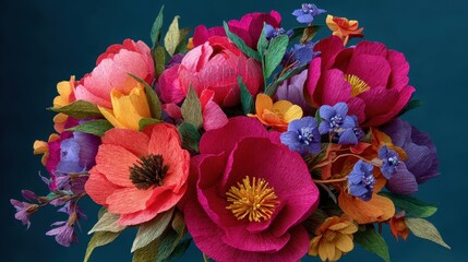 Exquisite Handcrafted Paper Flower Bouquet - Vibrant Pink Peonies, Coral Poppies, Blue Blooms on Dark Teal.