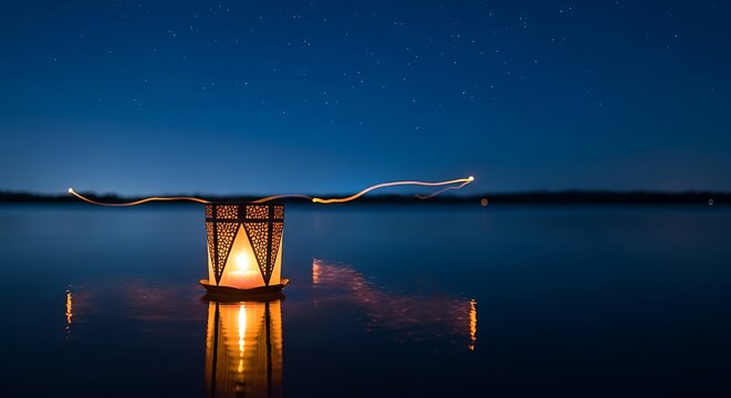 Ethereal Night Serenity: Glowing Lantern Drifting on Calm Lake Under Starry Sky with Dynamic Light Trail Reflection - Powered by Adobe