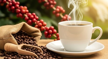 Steaming cup of coffee next to coffee beans and berries
